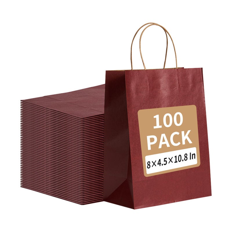 RACETOP 100 Pack 8x45x108 Inch Medium Red Paper Gift Bags with Handles Bulk Kraft Bags Shopping Bag for Boutique Wedding Party Favor Merchandise Retail Small Business